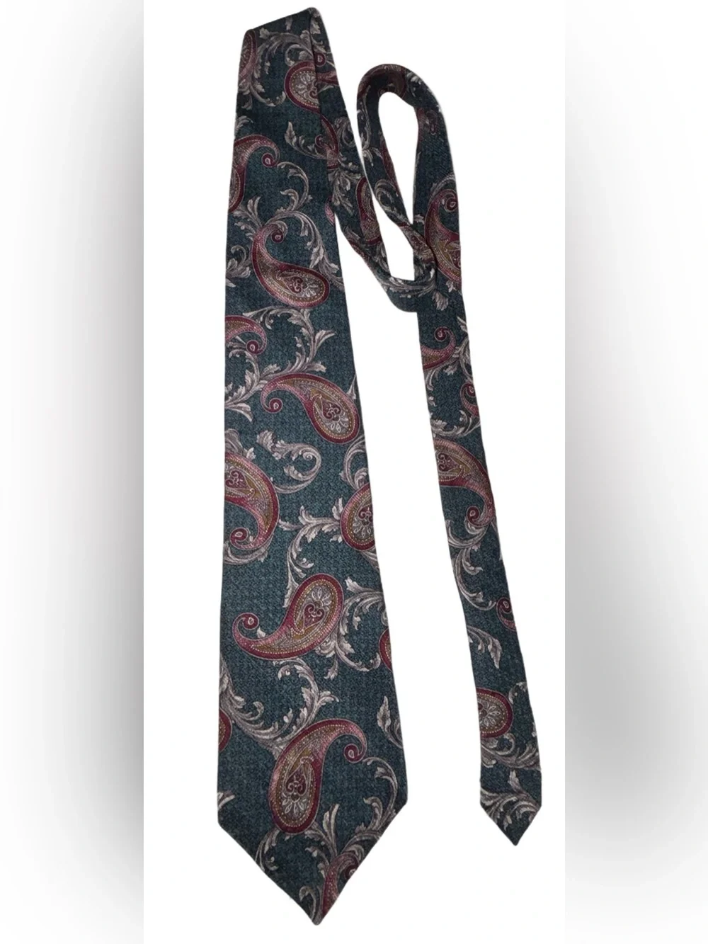 EVAN PICONE Paisley in Teal Green, Gray, and Pink/Cranberry Silk Tie